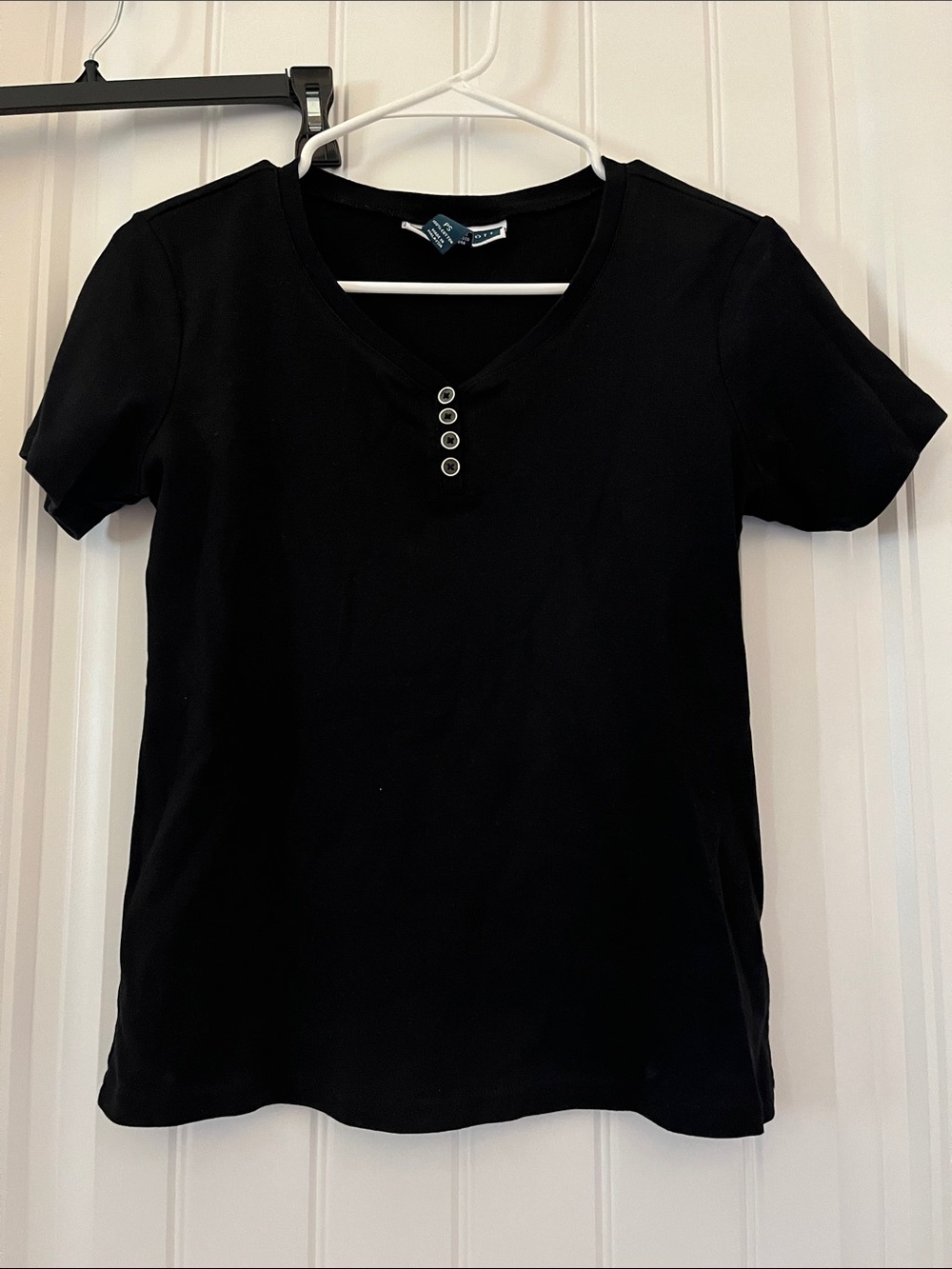 Karen Scott Black V-Neck Short Sleeve Tee with Button Placket